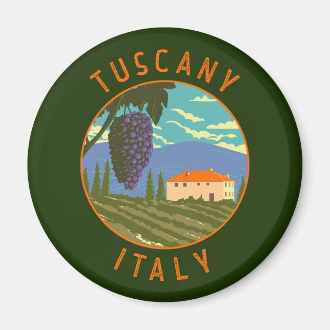 Tuscany Italy Vineyard Distressed Circle Vintage Magnet (Front)