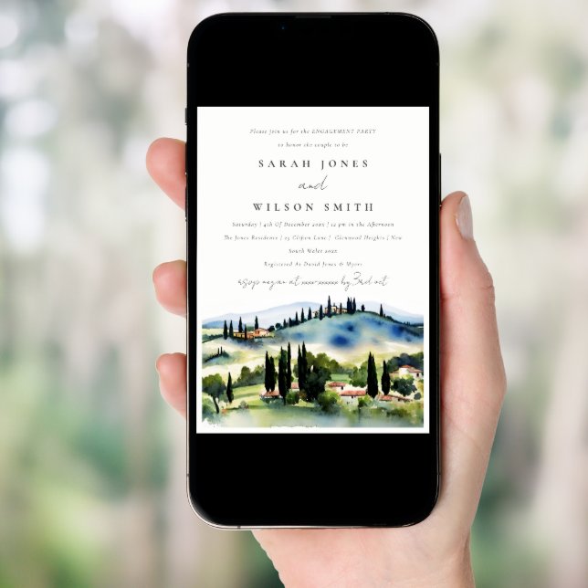 Tuscany Italy Watercolor Landscape Engagement Invitation (Front Digital)