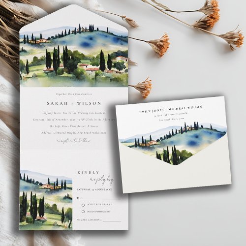 Tuscany Italy Watercolor Landscape Wedding All In One Invitation