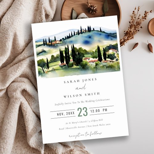 Tuscany Italy Watercolor Landscape Wedding Invitation