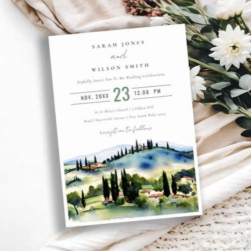 Tuscany Italy Watercolor Landscape Wedding Invitation