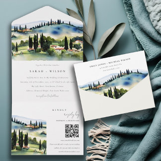 Tuscany Italy Watercolor Landscape Wedding QR Code All In One Invitation