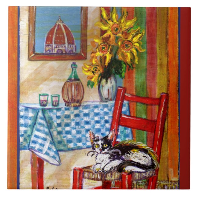 TUSCANY KITCHEN CAT,SUNFLOWERS WINE GLASSES  CERAMIC TILE (Front)