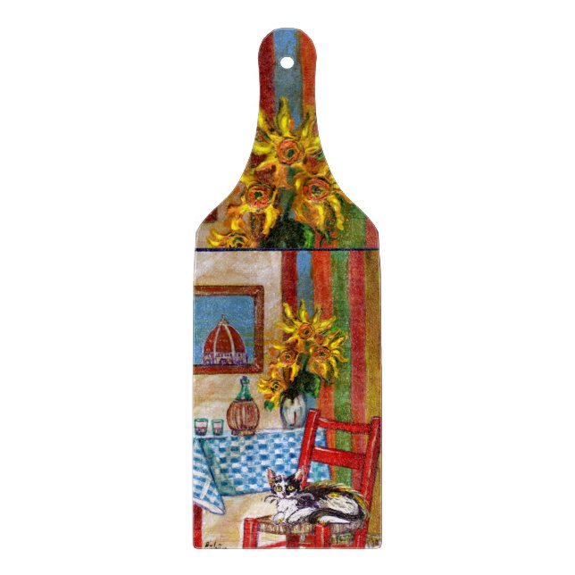 TUSCANY KITCHEN CAT,SUNFLOWERS WINE GLASSES CUTTING BOARD (Front)