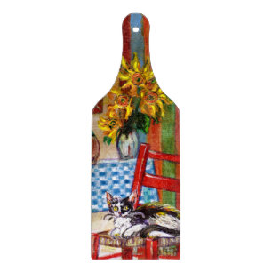 TUSCANY KITCHEN CAT,SUNFLOWERS WINE GLASSES CUTTING BOARD