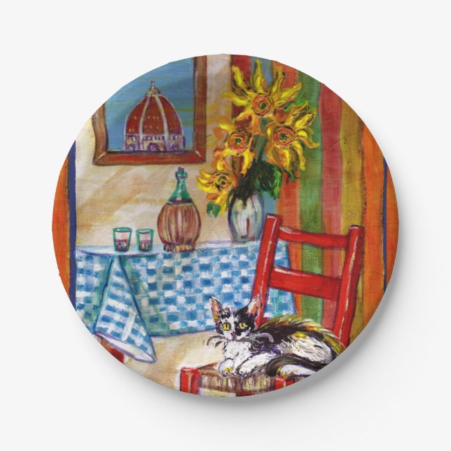 TUSCANY KITCHEN CAT,SUNFLOWERS WINE GLASSES  PAPER PLATES (Front)