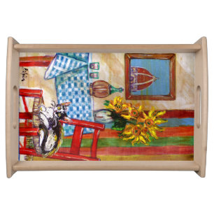 TUSCANY KITCHEN CAT,SUNFLOWERS WINE GLASSES SERVING TRAY