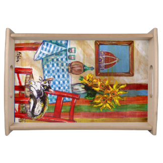 TUSCANY KITCHEN CAT,SUNFLOWERS WINE GLASSES SERVING TRAY
