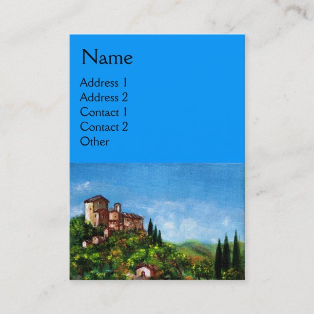 TUSCANY LANDSCAPE,ANTIQUE MEDIEVAL VILLAGE ,Blue Business Card (Front)