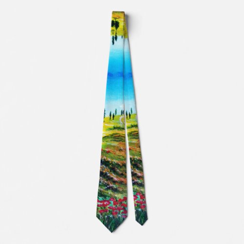 TUSCANY LANDSCAPE CYPRESS TREES WITH POPPIES  NEC NECK TIE