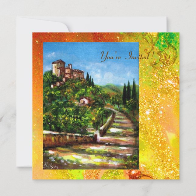 TUSCANY LANDSCAPE, red green yellow gold sparkles Invitation (Front)