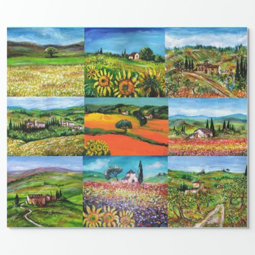 TUSCANY LANDSCAPE SUNFLOWERSPOPPIESFLOWER FIELDS WRAPPING PAPER