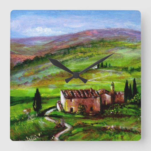 TUSCANY LANDSCAPE WITH GREEN HILLS SQUARE WALL CLOCK
