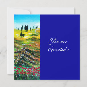 TUSCANY LANDSCAPE WITH POPPIES ,blue Invitation