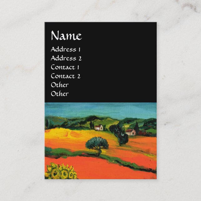 TUSCANY LANDSCAPE WITH SUNFLOWERS ,Black Business Card (Front)