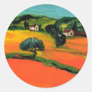 TUSCANY LANDSCAPE WITH SUNFLOWERS CLASSIC ROUND STICKER