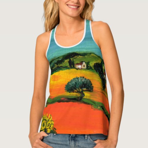 TUSCANY LANDSCAPE WITH SUNFLOWERS IN ORANGE YELLOW TANK TOP
