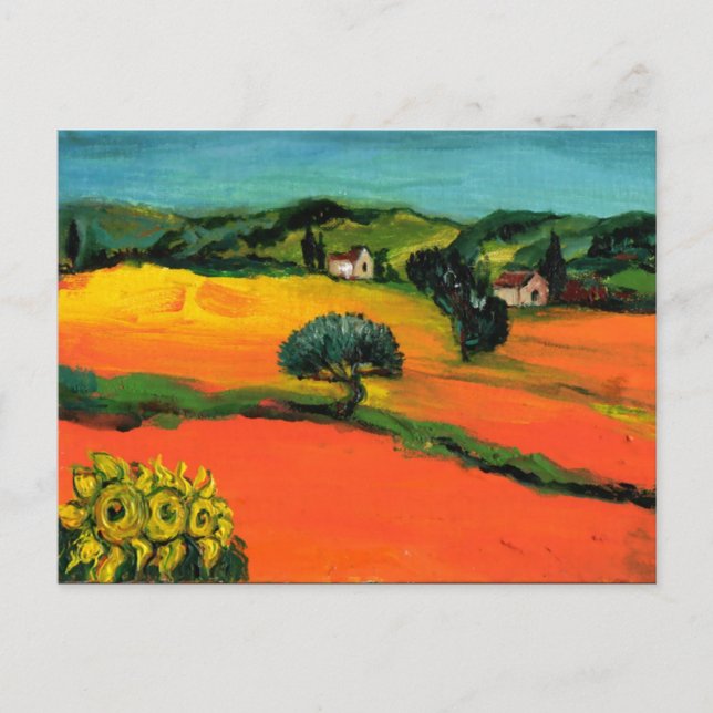 TUSCANY LANDSCAPE WITH SUNFLOWERS IN RED ORANGE INVITATION POSTCARD (Front)