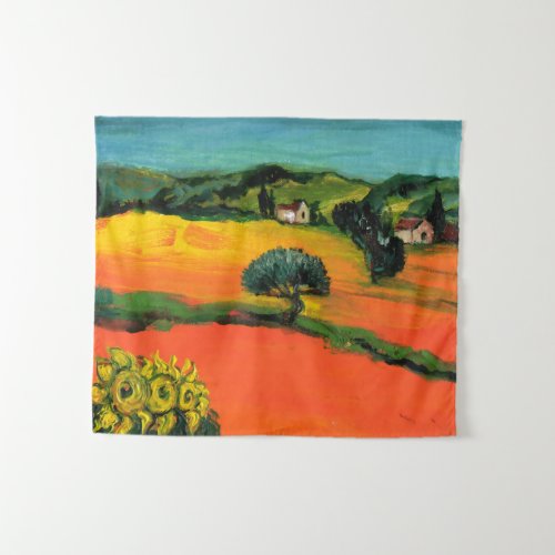 TUSCANY LANDSCAPE WITH SUNFLOWERS IN RED ORANGE TAPESTRY