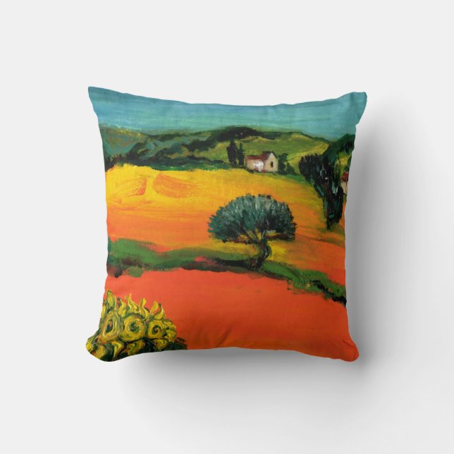 TUSCANY LANDSCAPE WITH SUNFLOWERS Orange Fields Throw Pillow (Front)