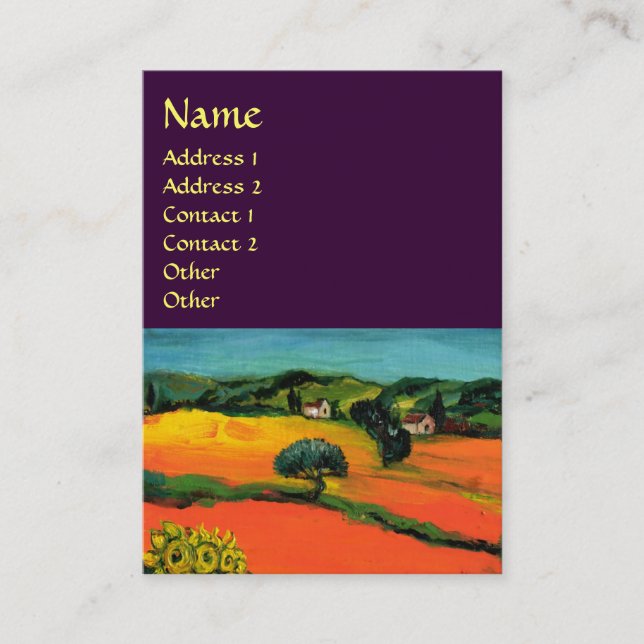 TUSCANY LANDSCAPE WITH SUNFLOWERS, Purple Business Card (Front)