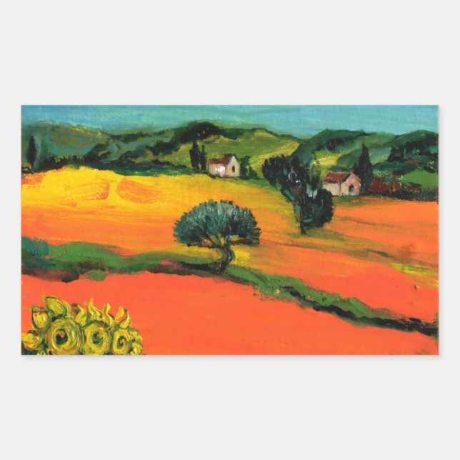 TUSCANY LANDSCAPE WITH SUNFLOWERS RECTANGULAR STICKER (Front)