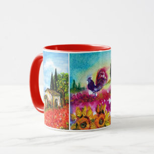 TUSCANY LANDSCAPES, SUNFLOWERS, BLACK ROOSTER MUG
