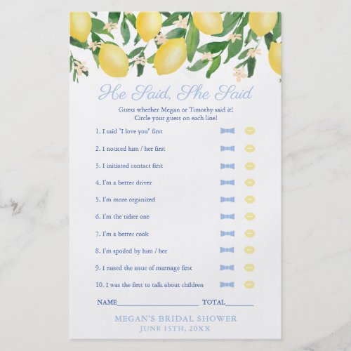 Tuscany Lemon He Said She Said Wedding Shower Game Flyer - He Said She Said game, here printed onto economical flyer paper. Perfect if you are organizing a large shower and want to get as much as you can for your budget. I would suggest you choose the "value" paper, which is matte / uncoated, as this will provide the best surface for writing on. (Happily this is also the cheapest option).