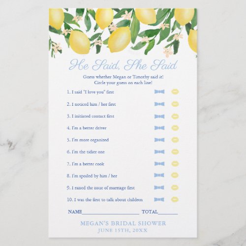 Tuscany Lemon He Said She Said Wedding Shower Game Flyer