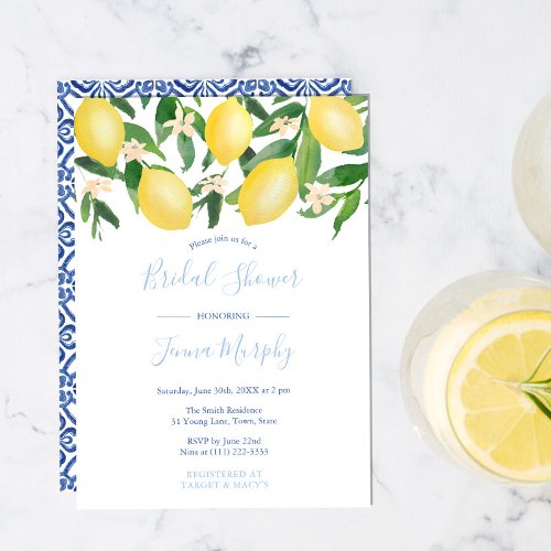 Tuscany Lemons Antique Pattern Blue Bridal Shower Invitation