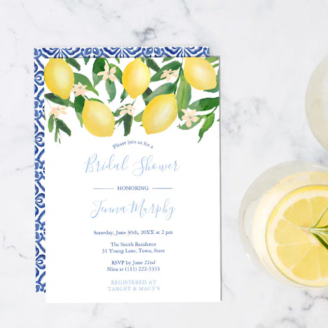 Tuscany Lemons Antique Pattern Blue Bridal Shower Invitation | Zazzle