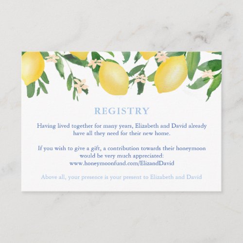 Tuscany Lemons Blue Tiles Wedding Shower Registry Enclosure Card - A simple and flexible insert card design to match my Lemons / blue tiles / blue text Shower Invitation range.

I've set this up for a registry card / ticket but all of the text fields are completely flexible.