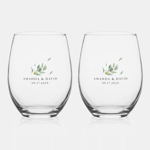  Tuscany Olive Leaves Branch_Thank You Stemless Wine Glass