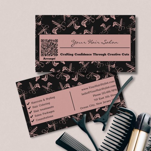 Tuscany Pink  Black QR Code Hair Salon Business Card