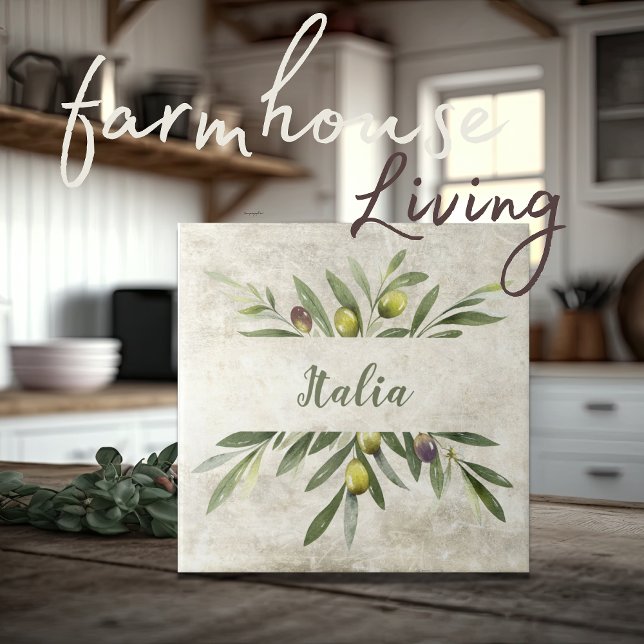 Tuscany Rustic Olive & Branches Italia Script Ceramic Tile (Creator Uploaded)
