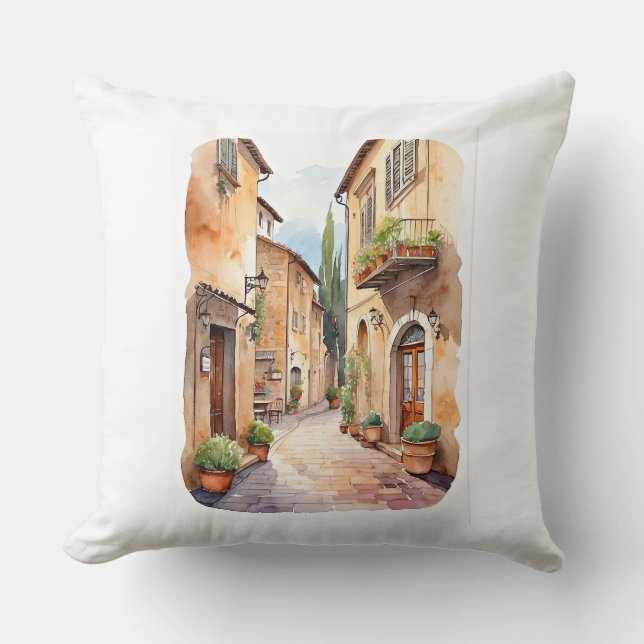 Tuscany street watercolor illustration throw pillow (Front)