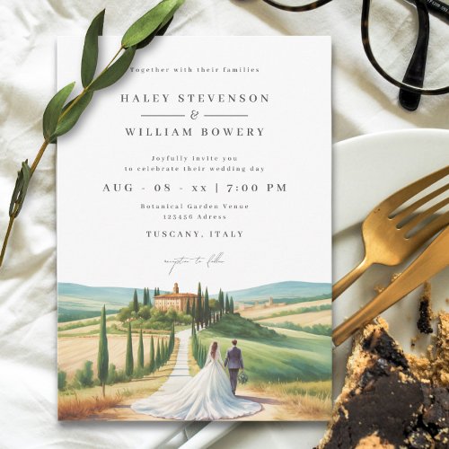 Tuscany Watercolor Illustration Skyline Wedding Invitation