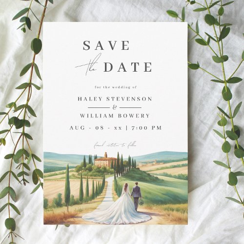 Tuscany Watercolor Illustration Skyline Wedding Save The Date
