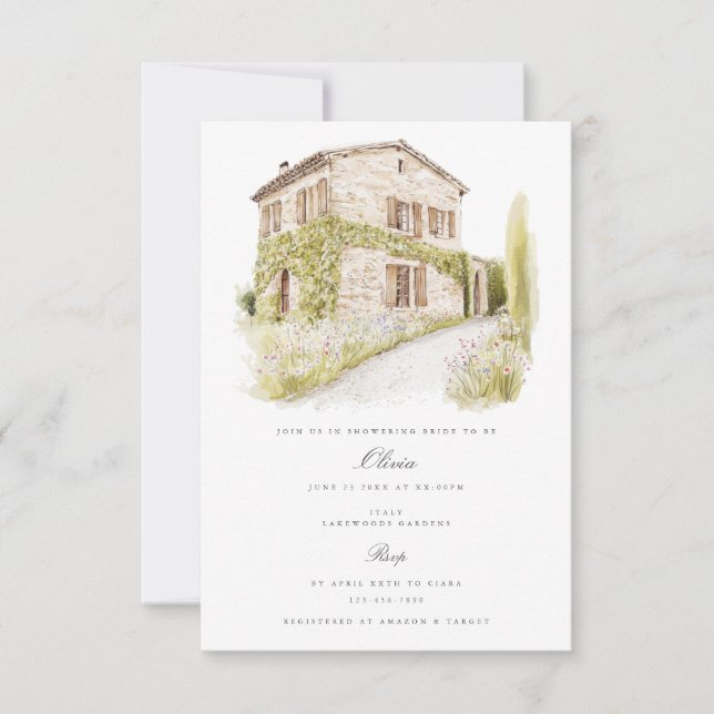 Tuscany Watercolor Italy Bridal Shower Invitation (Front)