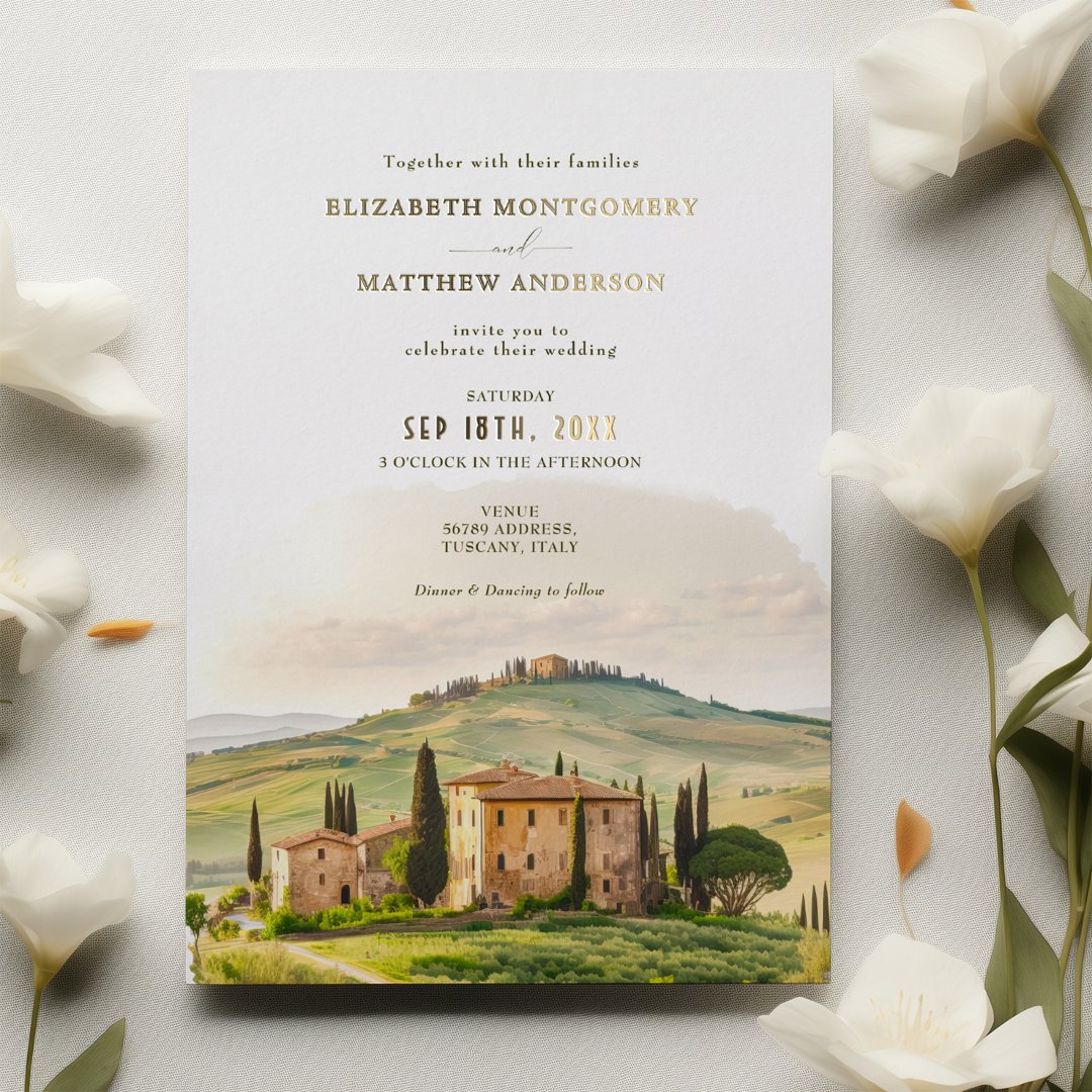 Tuscany Watercolor Italy Destination Wedding Foil                    Invitation