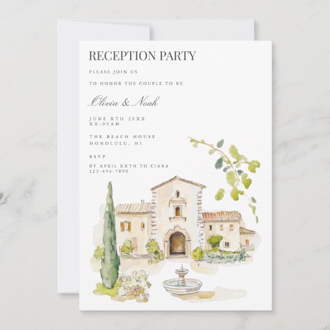 Tuscany Watercolor Italy Reception Invitation Card (Front)