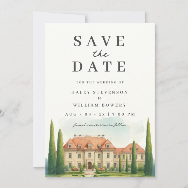 Tuscany Watercolor Italy Villa Destination Wedding Save The Date (Front)