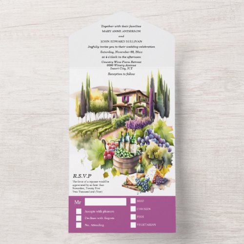Tuscany watercolor wedding purple Italian winery All In One Invitation