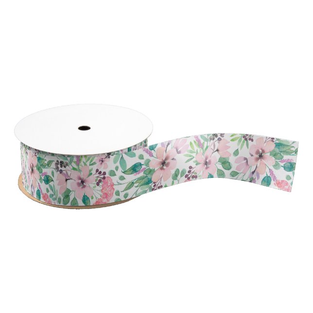 Tuscany Watercolors Pink Flowers Pattern Grosgrain Ribbon (Spool)