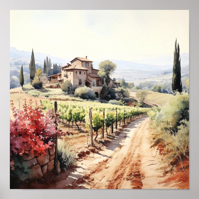 Tuscany Winery Watercolor Art Poster (Front)