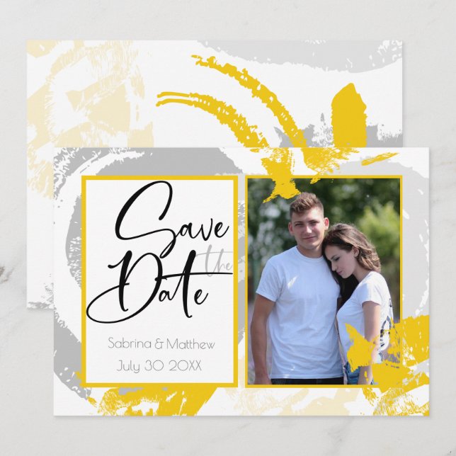 Tuscany Yellow Grey  Brush Strokes Save the Date Invitation (Front/Back)
