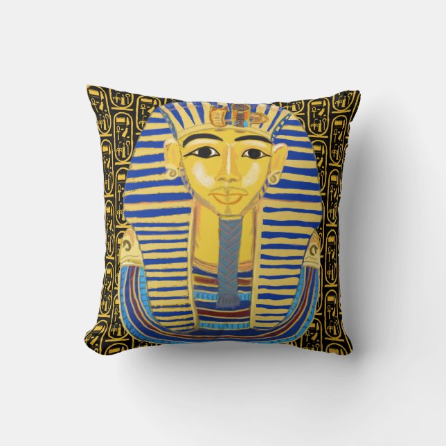 Tutankhamun Gold Mask and Cartouche Throw Pillow (Front)