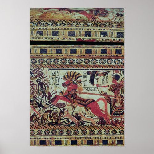 Tutankhamun  on his chariot attacking Africans Poster