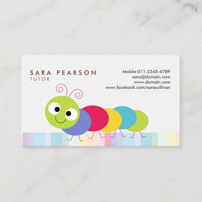 Tutor Cute Colorful Caterpillar Business Card (Front)