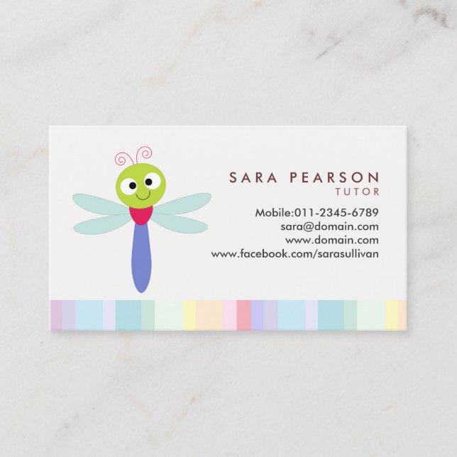 Tutor Cute Colorful Dragonfly Business Card (Front)